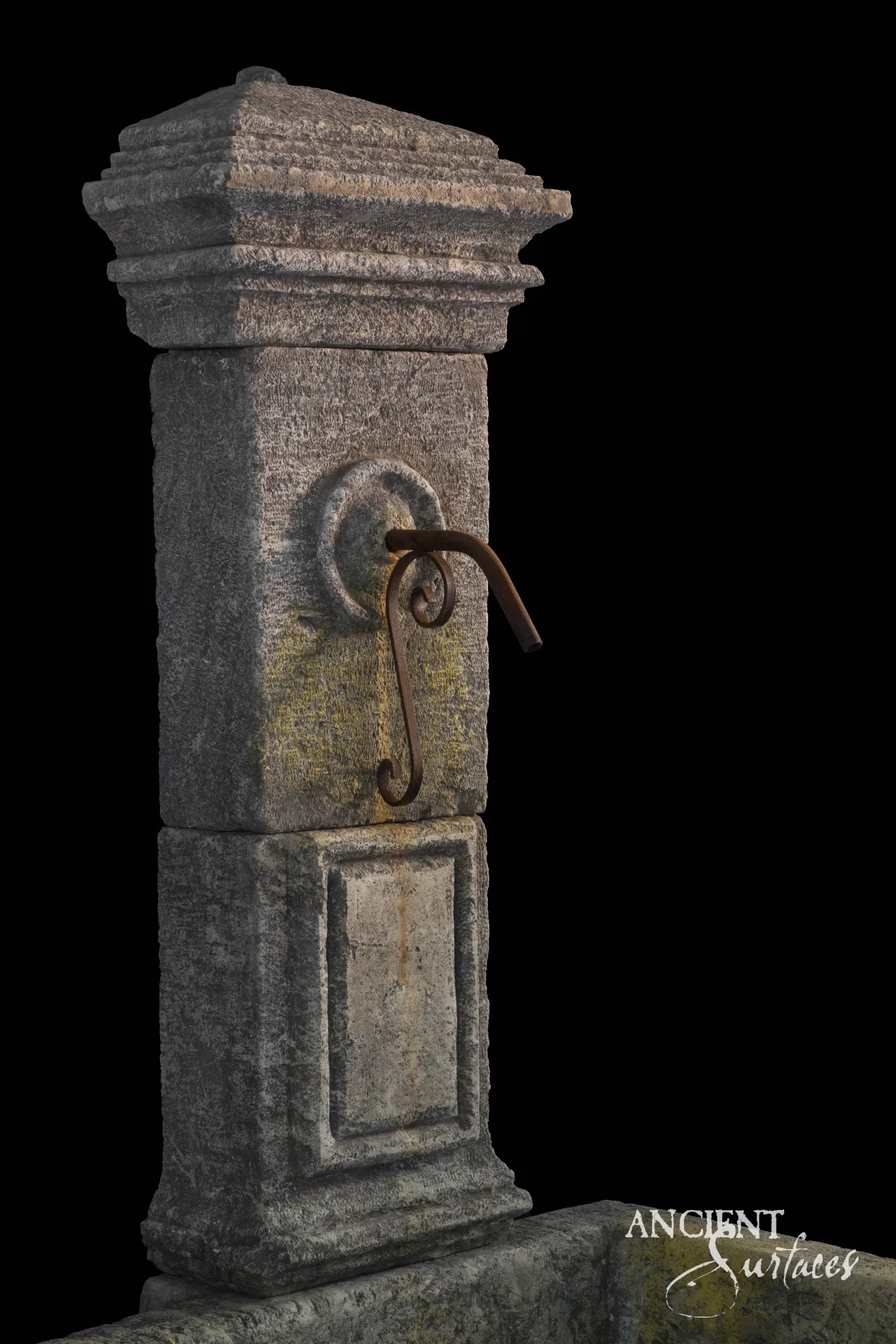 Reclaimed antique limestone pedestal fountain column from Ancient Surfaces with a carved medallion shaft and a scrolled iron spout showing a streak of rust, photographed in close detail against black