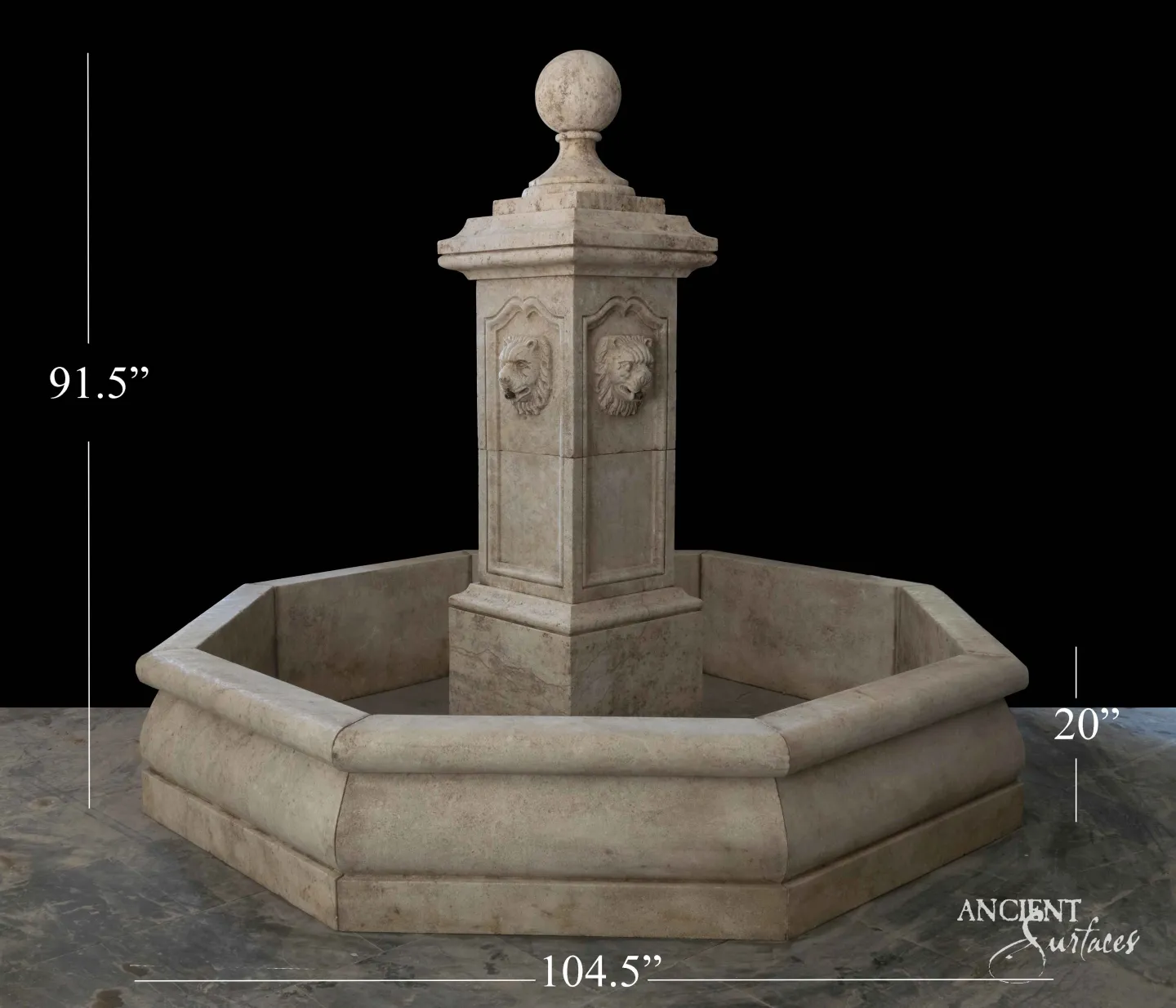 Reclaimed antique limestone lion mask pedestal fountain from Ancient Surfaces with an octagonal basin, photographed against black with dealer measurements of 104.5 inches wide and 91.5 inches high